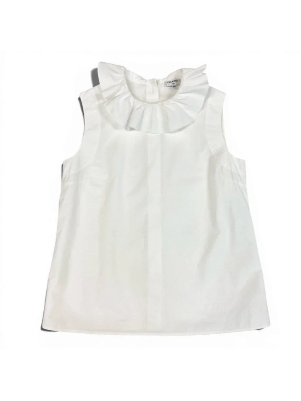 Chanel Frill Neck Sleeveless Shirt Back Button 34 White Cotton